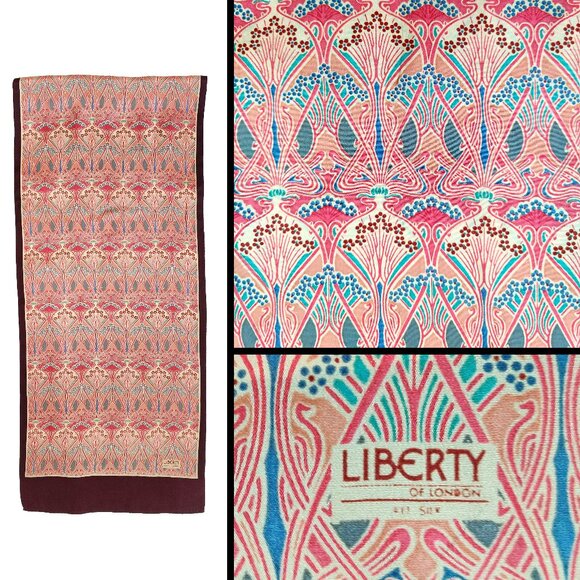 Vintage Liberty of London Ianthe Silk Art Nouveau Long Scarf Burgundy - Picture 1 of 9